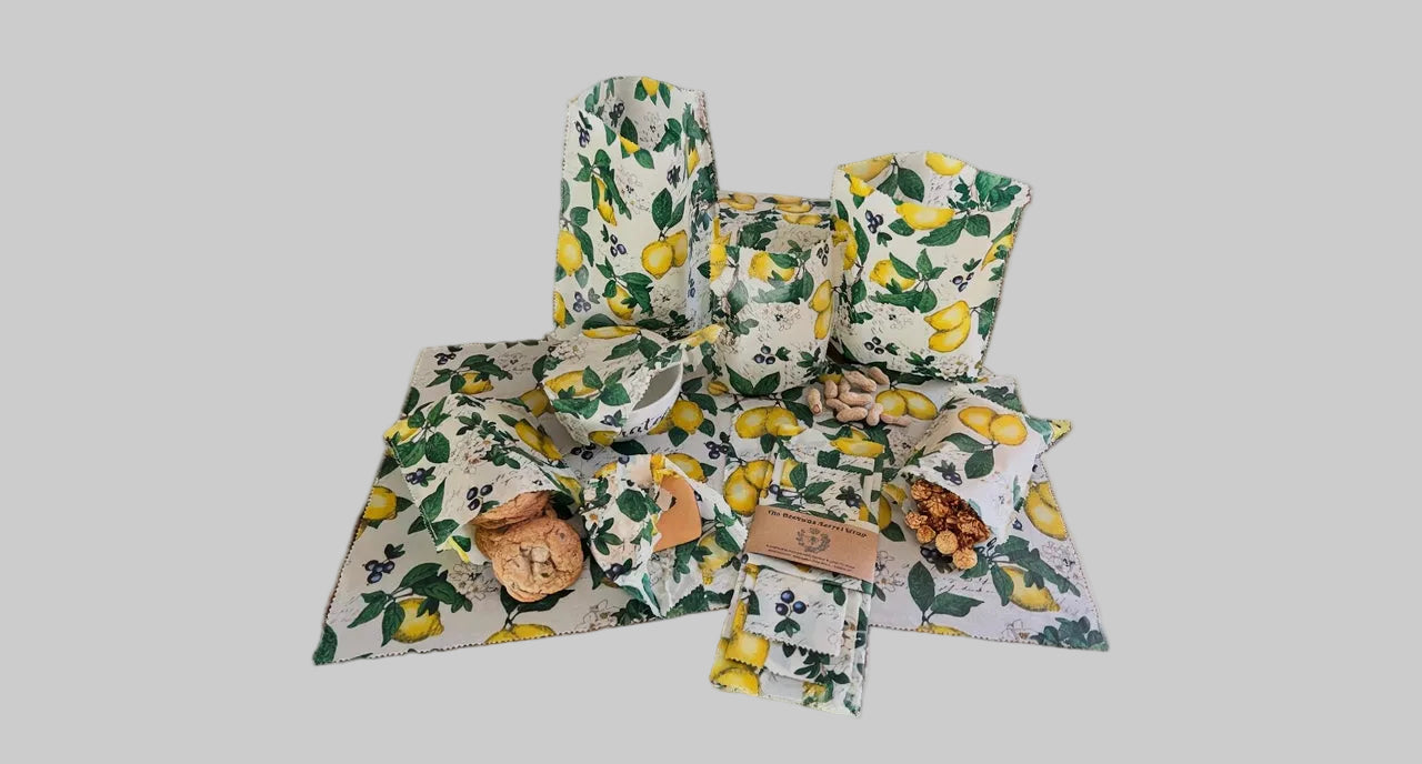 Set of reusable food wraps with lemon pattern on a white background